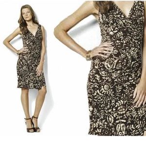 Lauren Ralph Lauren Side Ruched Faux Wrap Midi Dress Sz 10 Capetown Brown Batik
